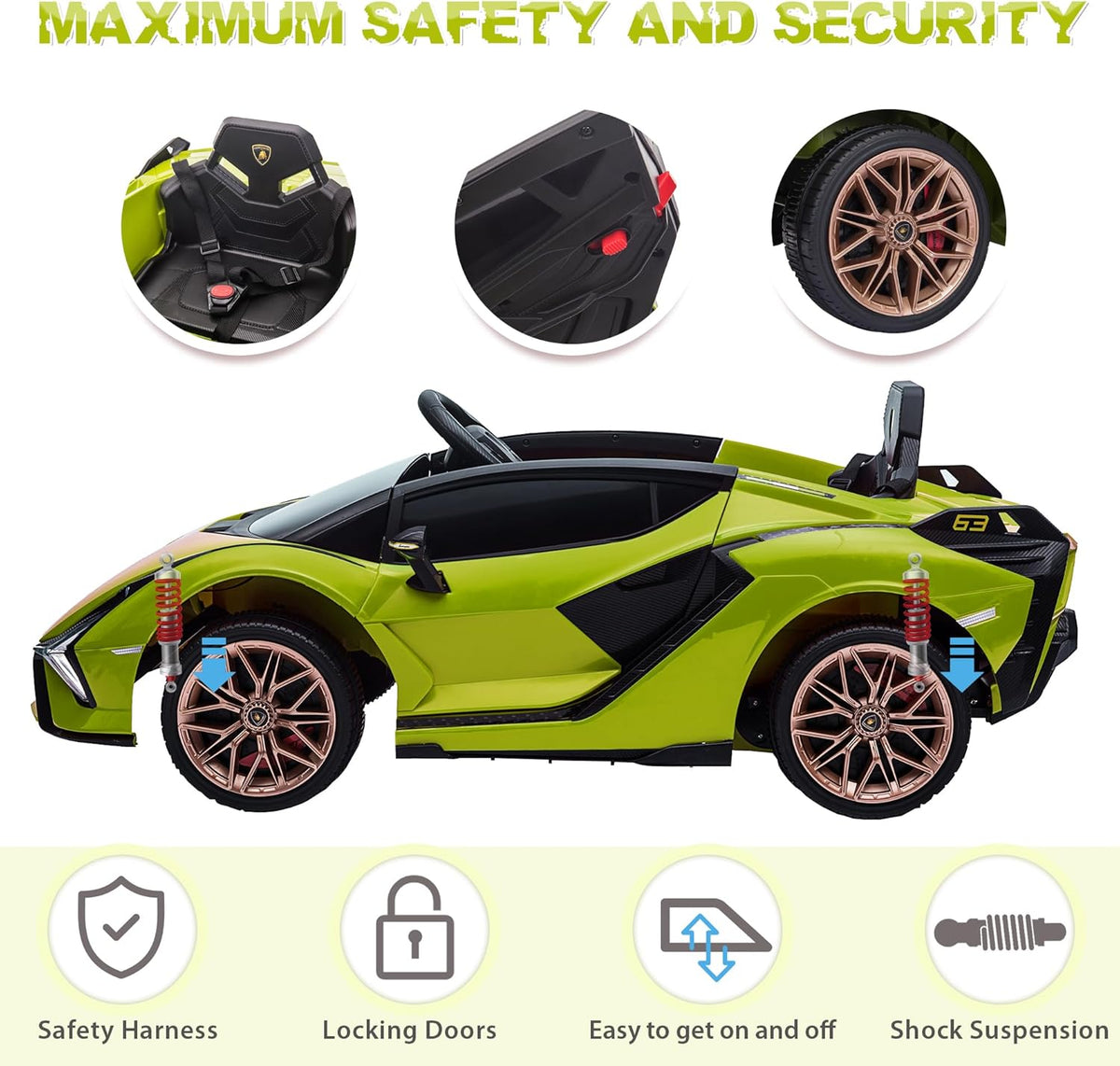 TOBBI Electric Ride On Car Toy for Kids to Drive, 12V Battery Powered Licensed Lamborghini SIAN with Parent Remote Control for Toddlers 3-6 Years w/Functions Spring Suspension/Horn/LED Lights-Green