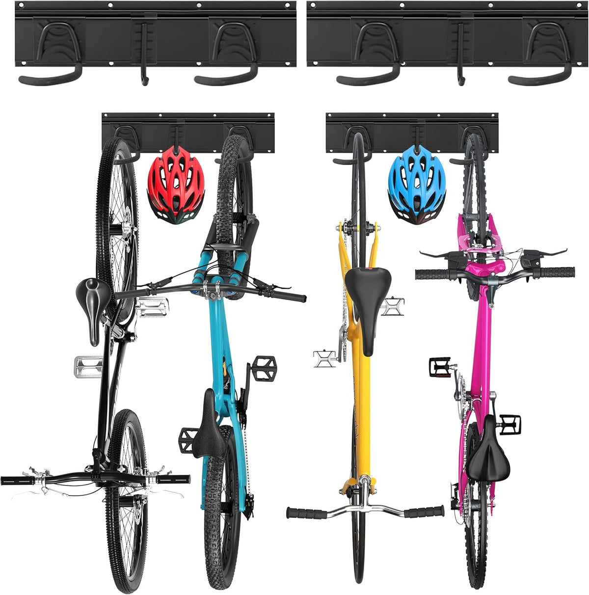 Sinoer Bicycle Wall Rack, Wall Mount for 4 Bicycles + 2 Helmets, Tool Storage Hook Adjustable for Garage or Home, Vertical Bicycle Hanger (Inner Width: 90 mm) - 2 Rails
