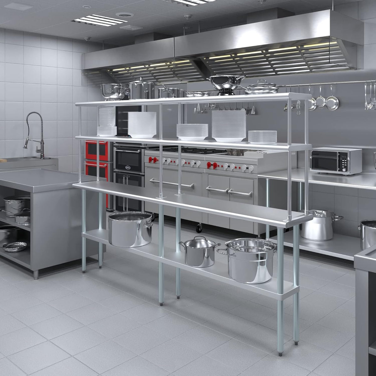 Amgood Stainless Steel Work Table Double Tier Overshelf | Metal Kitchen Prep Table & Shelving Combo | NSF (14" x 96" Work Table + 12" Overshelf)
