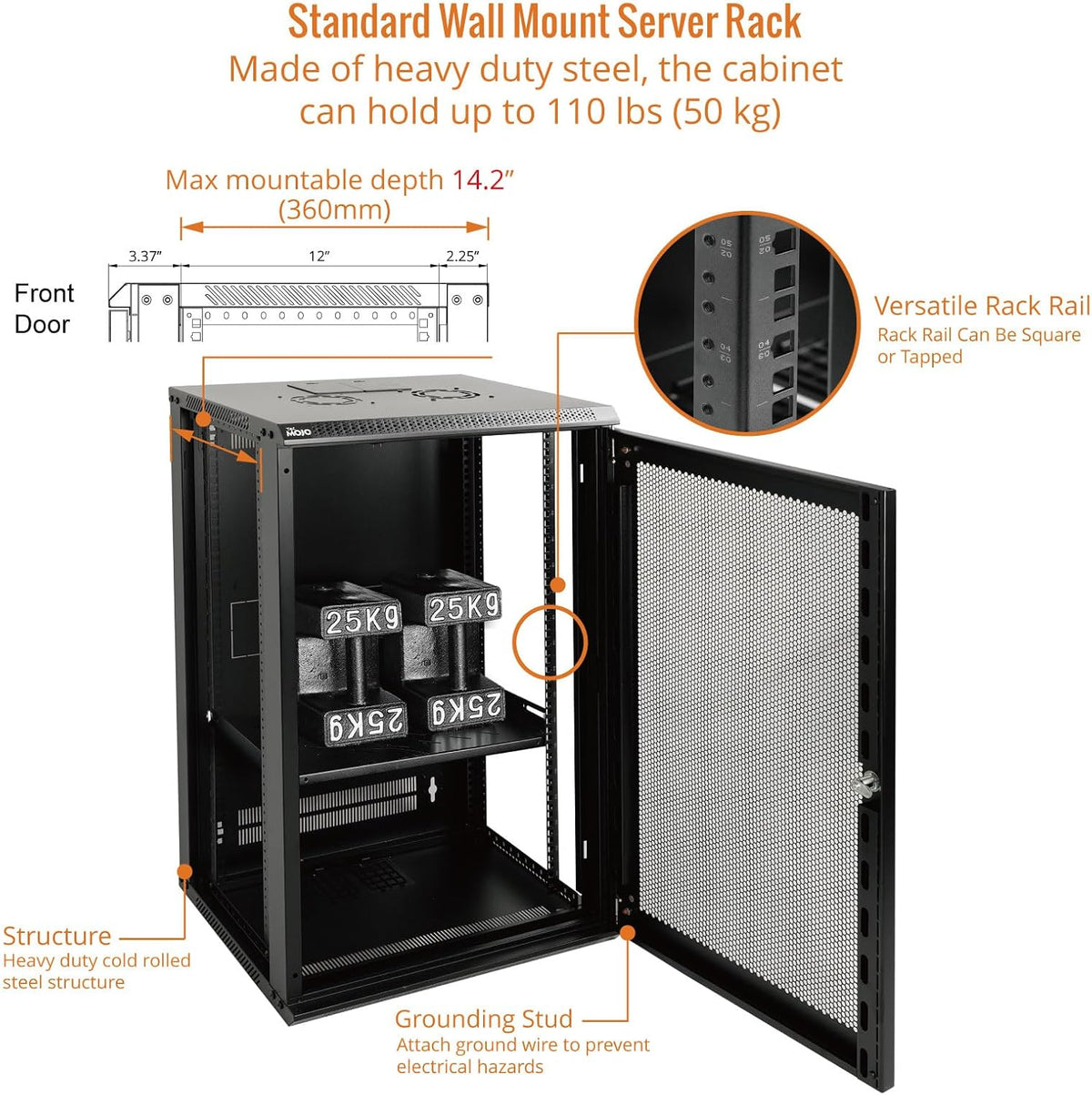 Tecmojo 18U Wall Mount Rack Network Cabinet for 19" IT Equipment,with Lockable Mesh Door and Side Panels,Cooling Fan,Black,17.7inch Depth for AV/Computer/Electronics Equipment Data Rack