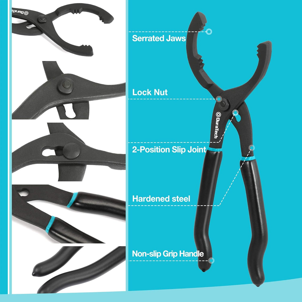 DURATECH 2-Piece 12 Inch Oil Filter Pliers & 3 Jaw Adjustable Oil Filter Removal Wrench, for Cars, Motorcycles and Trucks