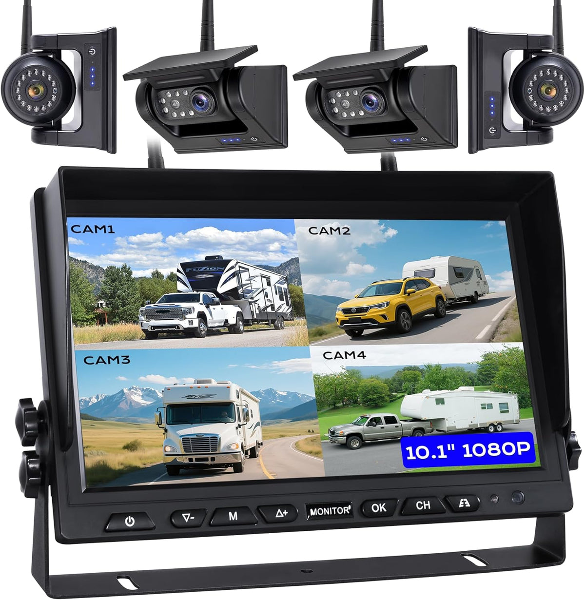 10.1" 4-Magnetic Wireless RV Backup Camera, HD1080P DVR Monitor, IP69 Waterproof & IR Night Vision 4x9600mAh Rechargeable Cameras, 2 Side Camera & 2 Rear Camera for Trailer Truck Camper-WS4