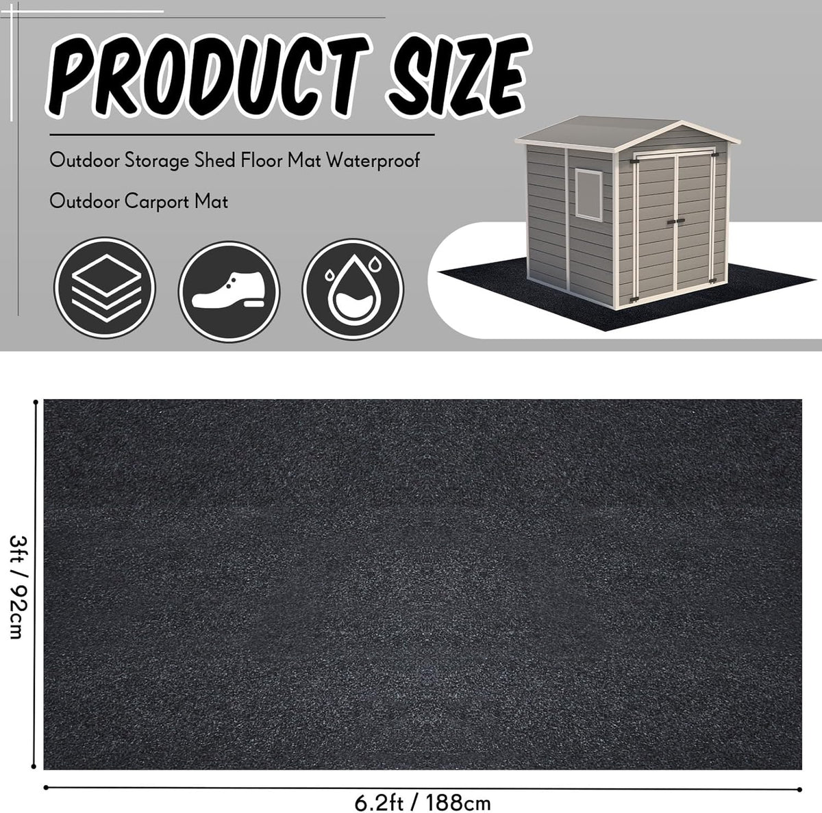 Haull Outdoor Storage Shed Floor Moat Waterproof Outdoor Carport Mat Thickened Soft Patio Furniture Pad Washable with Non Slip Backing, Storage Shed Not Included(6 x 3 ft)