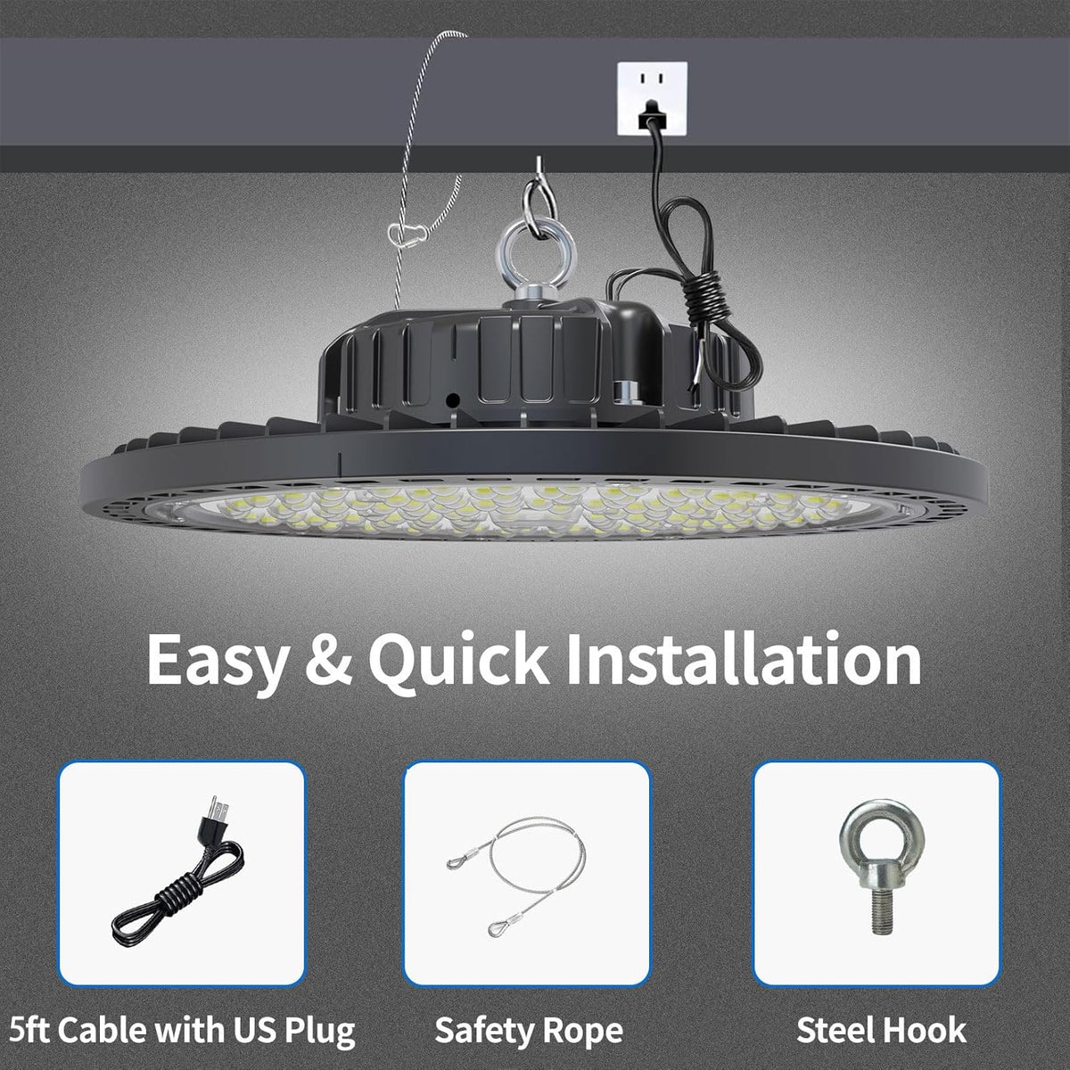 2 Pack UFO LED High Bay Light 150W, 21000 LM, 5000K with 5ft Power Cord, US Plug, Bright LED Shop Light for Basement Commercial Factory Garage Lighting, IP66 Waterproof, AC110-277V, ETL Listded
