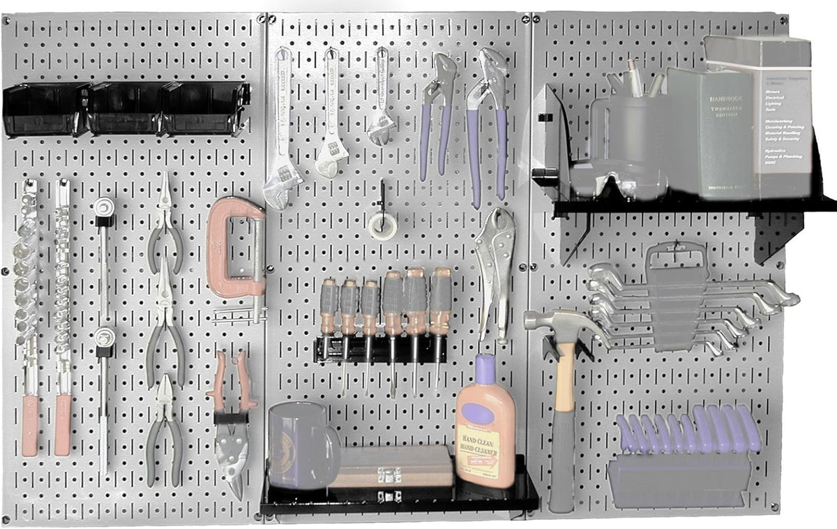 Wall Control Metal Pegboard Tool Organizer Kit (30-WRK-400GB) and Wall Control 26 Piece Deluxe Slotted Hook Assortment (KT-200-DLX)