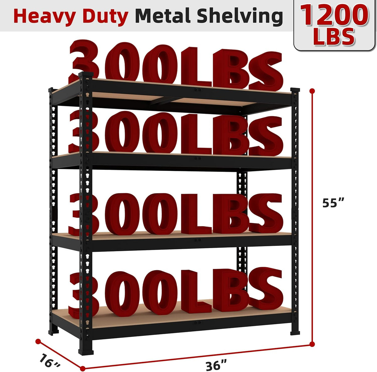 36" W x 16" D x 55" H Adjustable Garage Storage Shelves - 4-Shelf Heavy Duty Shelving Unit, Metal Utility Storage Organizer Racks for Warehouse Pantry Closet Kitchen, Black