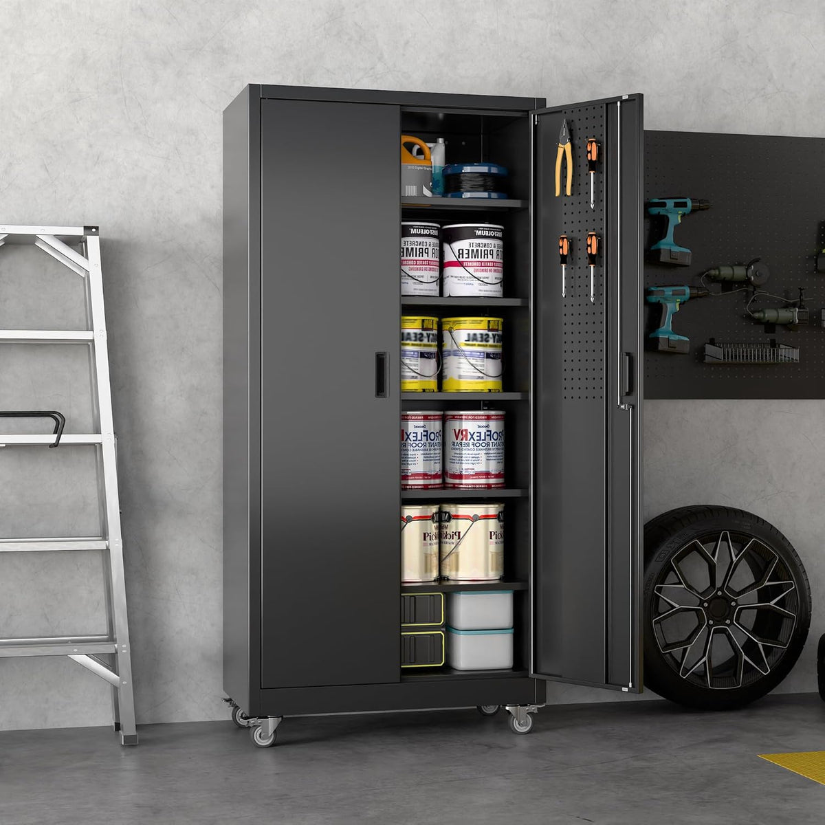Garage Storage Cabinet with Wheels & Pegboard, 71" H×34" W×18" D Locking Metal Storage Cabinet with 2 Doors and 5 Adjustable Shelves for Garage Workshop Home, Black, Assembly Required