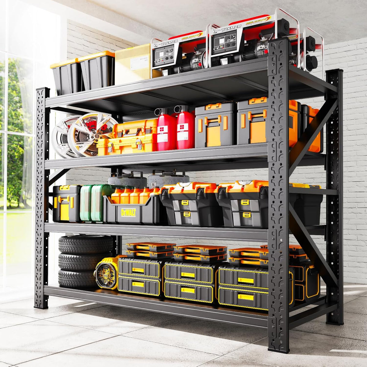 48''W Garage Shelving Heavy Duty, Metal Garage Shelves, 7000LBS Storage Shelves 4 Tier Adjustable Steel Shelving Units, Wide Industrial Shelving Storage Rack for Warehouse, Basement,Black