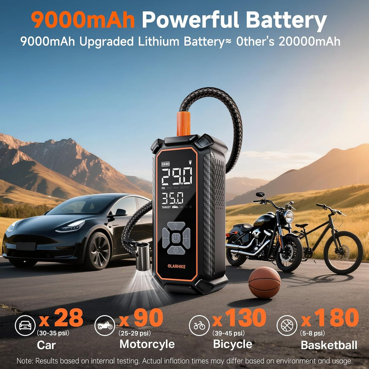 OlarHike Cordless Tire Inflator Portable Air Compressor, Air Pump for Car Tires, SUV, Pickup Truck, Bike, Motorcycle, Balls, Electric Pump with LED Light, Digital Pressure Gauge&Auto Shut-Off