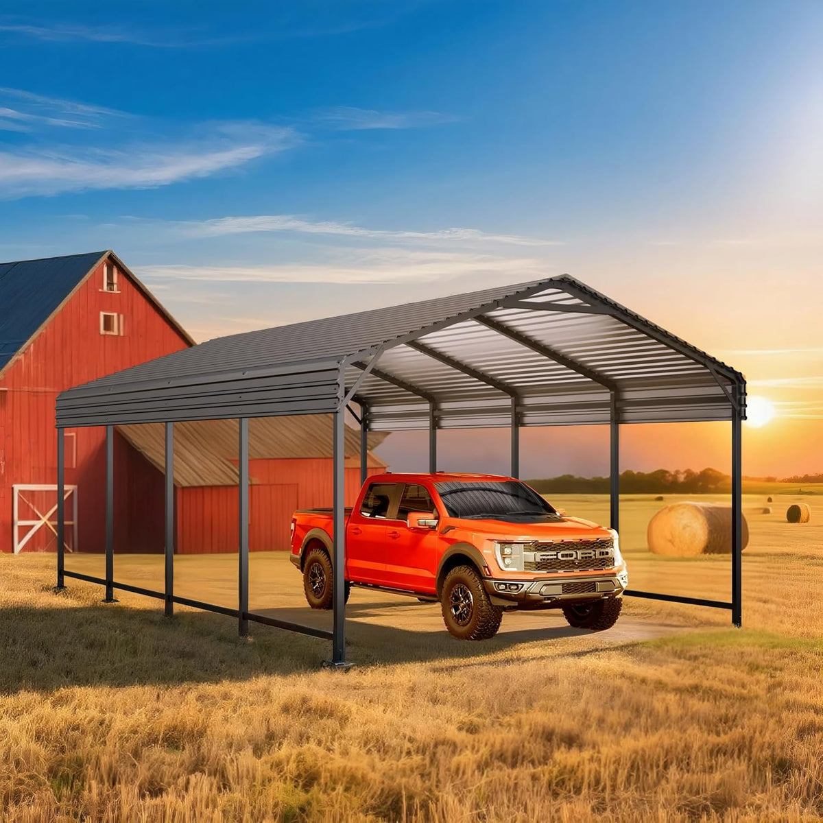 12x20 FT Metal Carport, Enhanced Base and Steel Roof for All-Weather Use, Outdoor Heavy Duty Garage Galvanized Car Shelter for Bass Boats, Full-Sized Pickup Trucks, and Tractors
