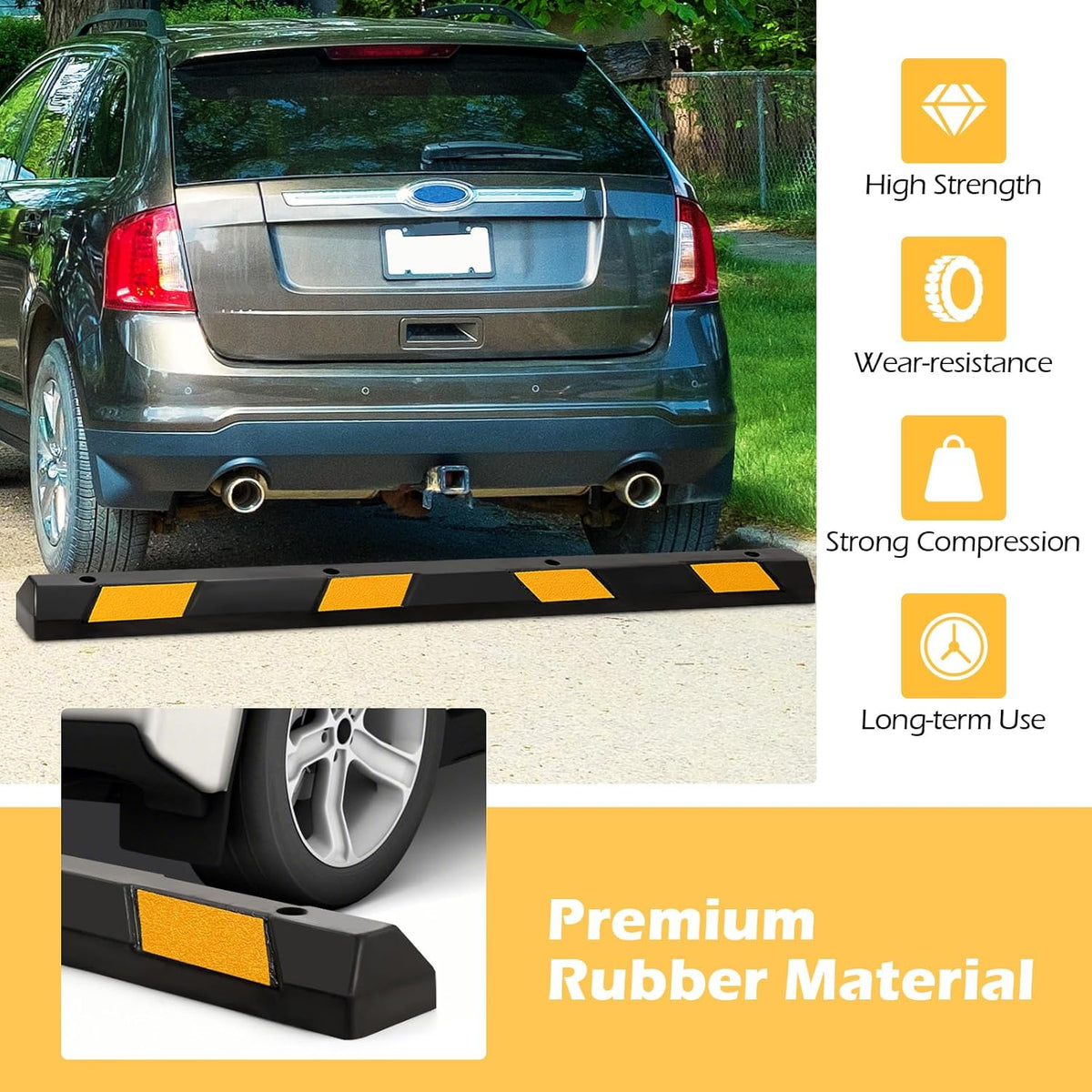 Rubber Parking Curb Garage Floor Stopper, 72" Heavy Duty Parking Lot Stopper with Yellow Reflective Stripes, Guide Wheel Stopper for Car, Truck, RV, Trailer, Driveway (1 Pack