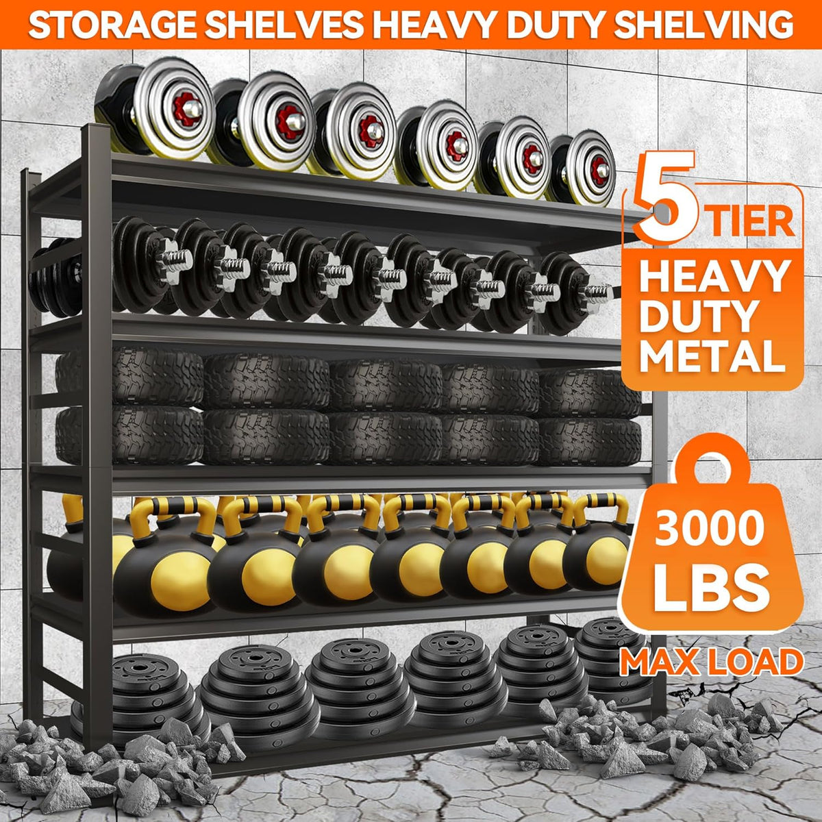 Garage Shelving, Storage Shelves Heavy Duty, 5-Tier Adjustable Black Shelving, 3000Lbs Utility Shelf for Garage/Basement/Kitchen, 72”H×48”W×24”D