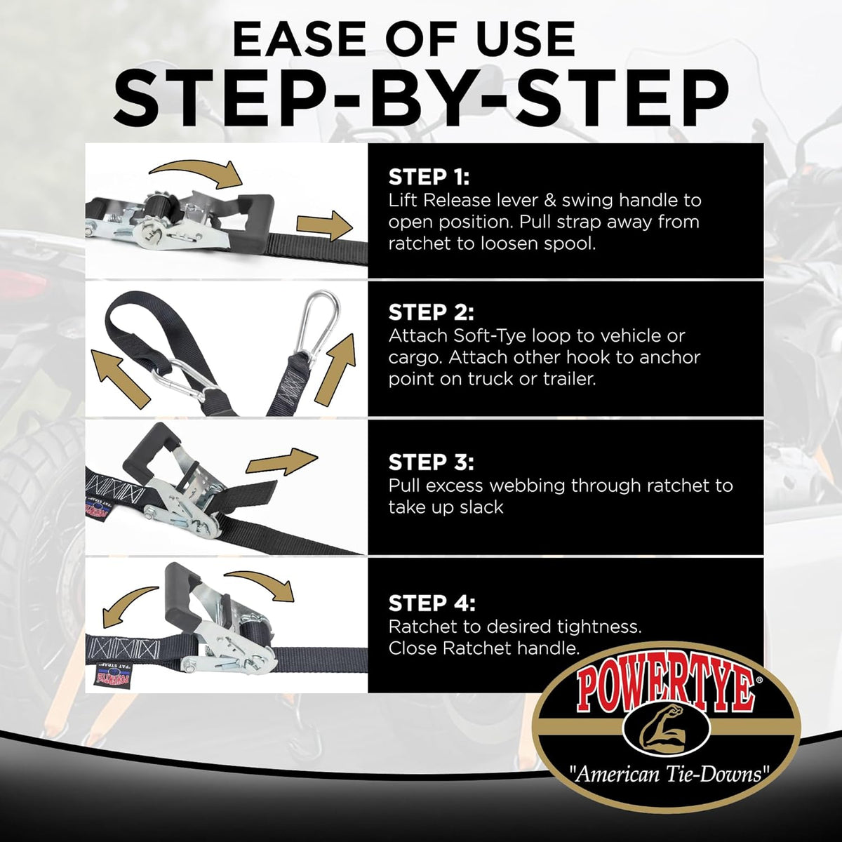 PowerTye - Made in USA - Heavy Duty Ratchet Tie Down Straps with Carabiner Hooks & Sewn-in Soft-Tye, for Motorcycle, ATV, Trailer & Cargo, 1,000 lb WLL, 1.5 inch x 6.5ft Long, Yellow/Black (Pair)
