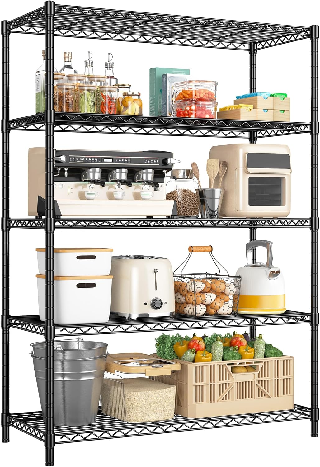 5 Tier Storage Shelves 71"H Wire Shelving Adjustable Metal Shelving,1000LBS Pantry Shelves Sturdy Steel Wire Shelf for Kitchen Commercial Pantry Garage Warehouse ,71"H X35.5"W X13.8"D, Black