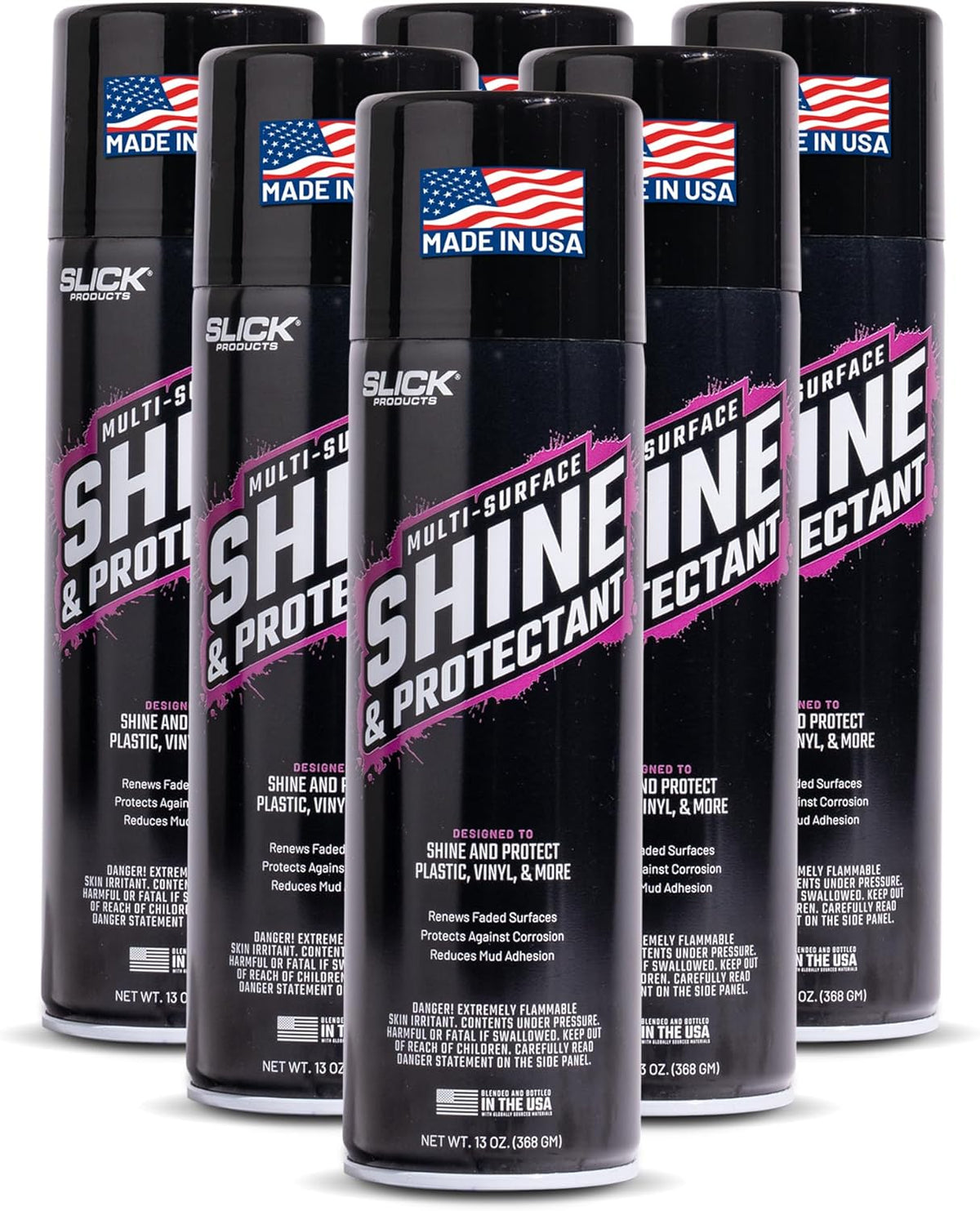Slick Products Shine & Protectant, Long-Lasting High-Gloss Clear Coat Spray, Renew, Shine, and Protect Plastic, Vinyl, Rubber, Trim, and More (6-Pack)