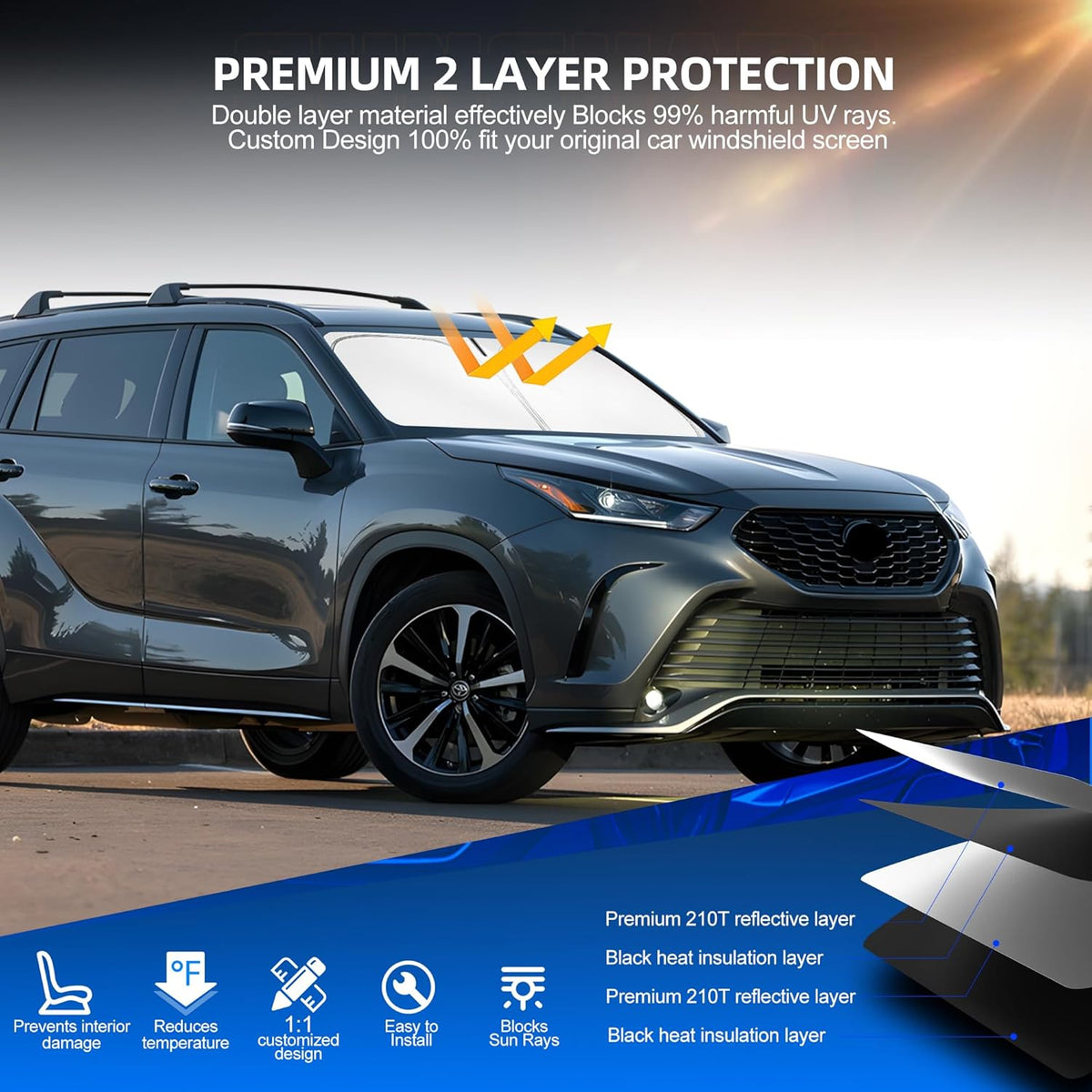 Windshield Sun Shade for Toyo-ta Highlander (L LE XLE Limited Platinum) 2020-2025 2026 Foldable Sunshade Custom Fit Front Window Car Interior Accessories Protector Blocks UV Rays