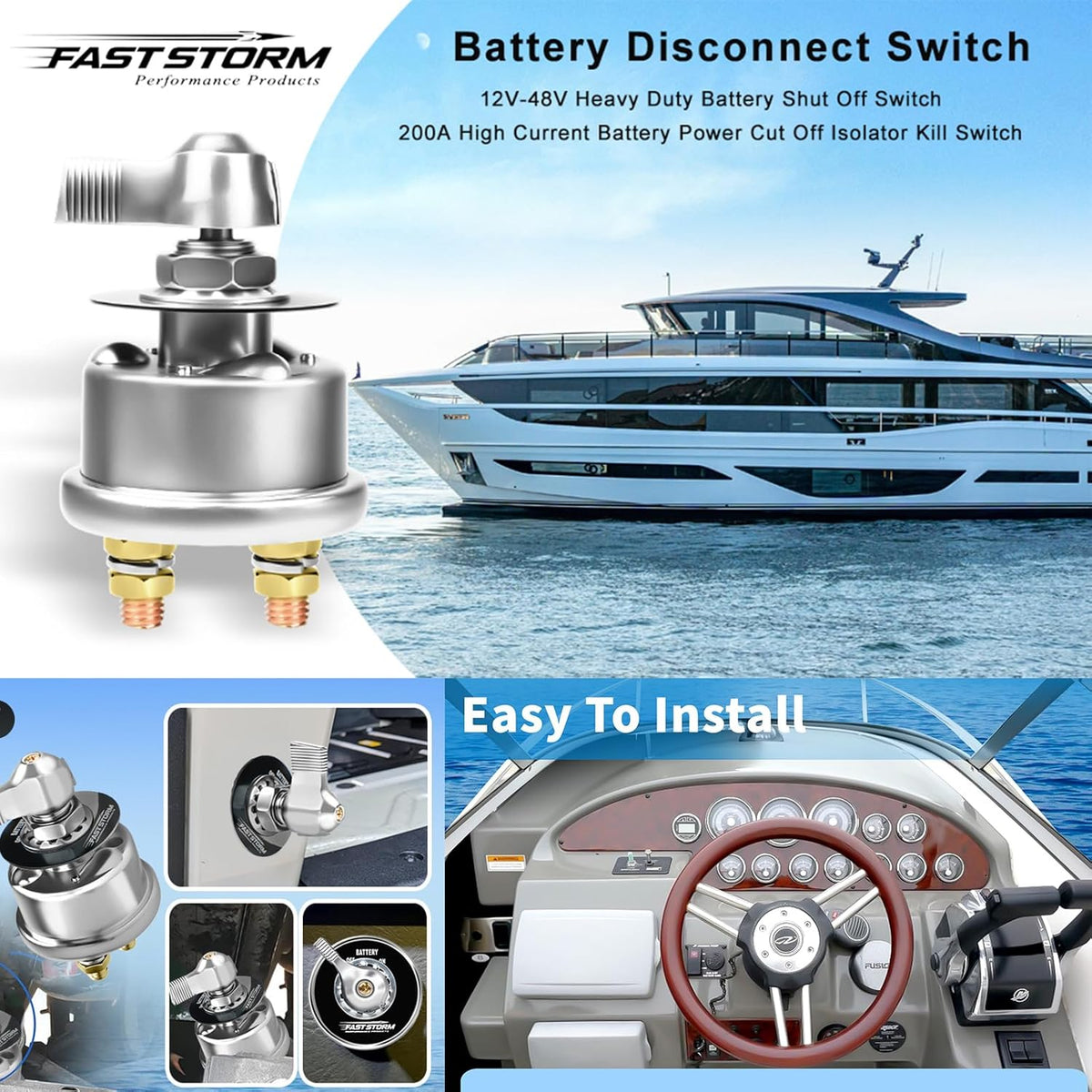 200A 12-48V High Current Master Battery Disconnect Switch Battery Power Cut Off Isolator Killer Switch with Face Plate for Car Vehicle RV Truck Boat Marine ATV