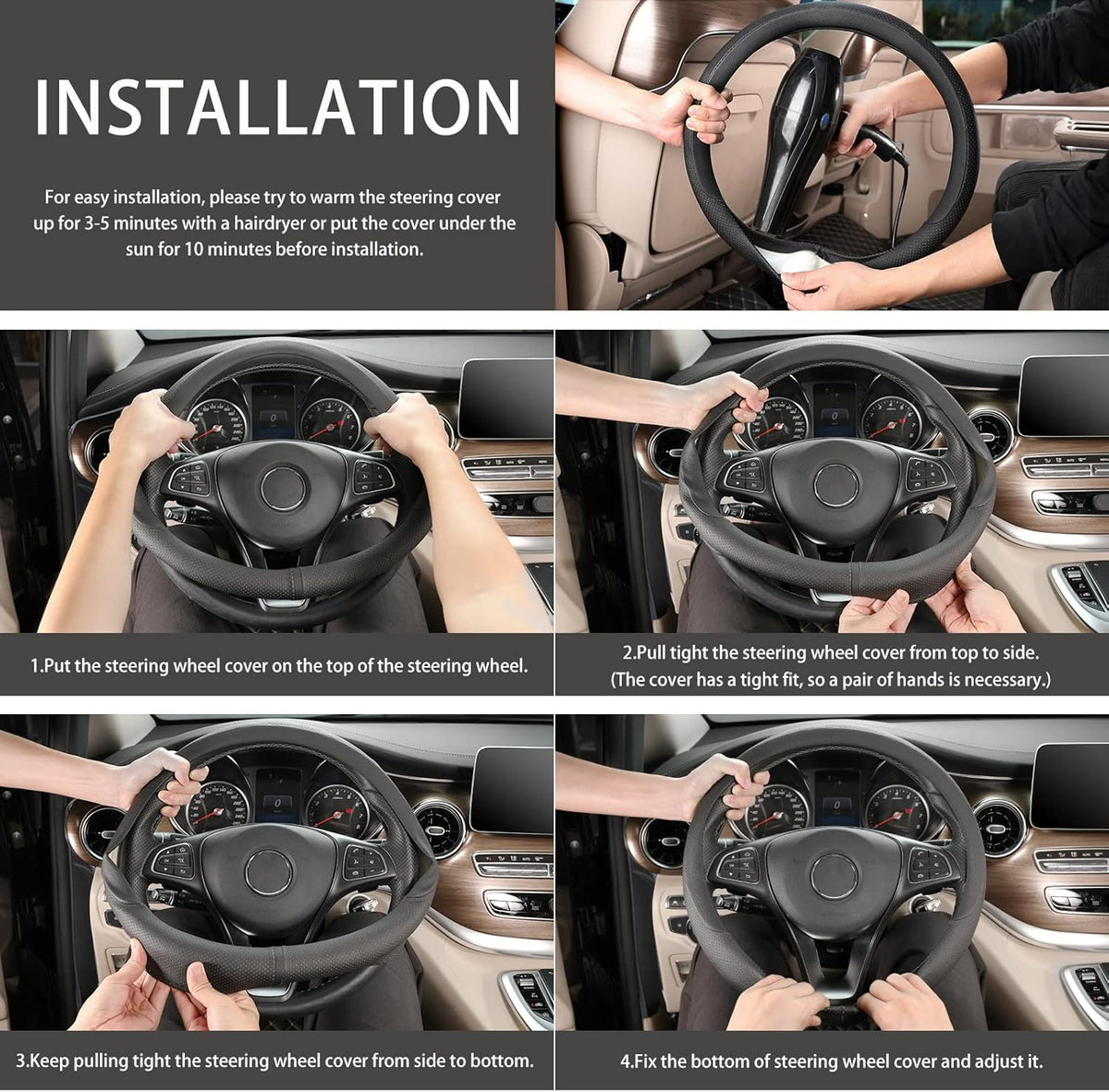 COFIT Breathable Car Steering Wheel Cover 15 inch Auto Universal Leather Wrap Non-Slip Steeringwheel Protector Automotive Interior Accessories, Black (Suit for 14.5-15 inch)