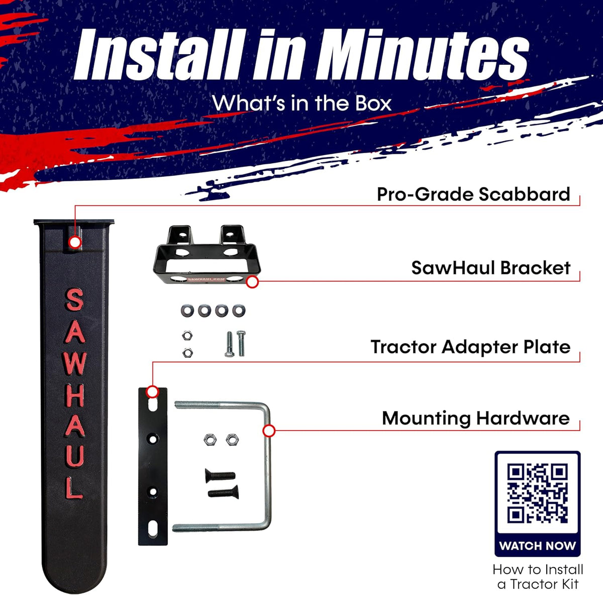 SawHaul Universal Tractor Chainsaw Holder - Made in Kansas USA - Fixed Mount Chainsaw Carrier (28" Red) Compatible w/All Brands