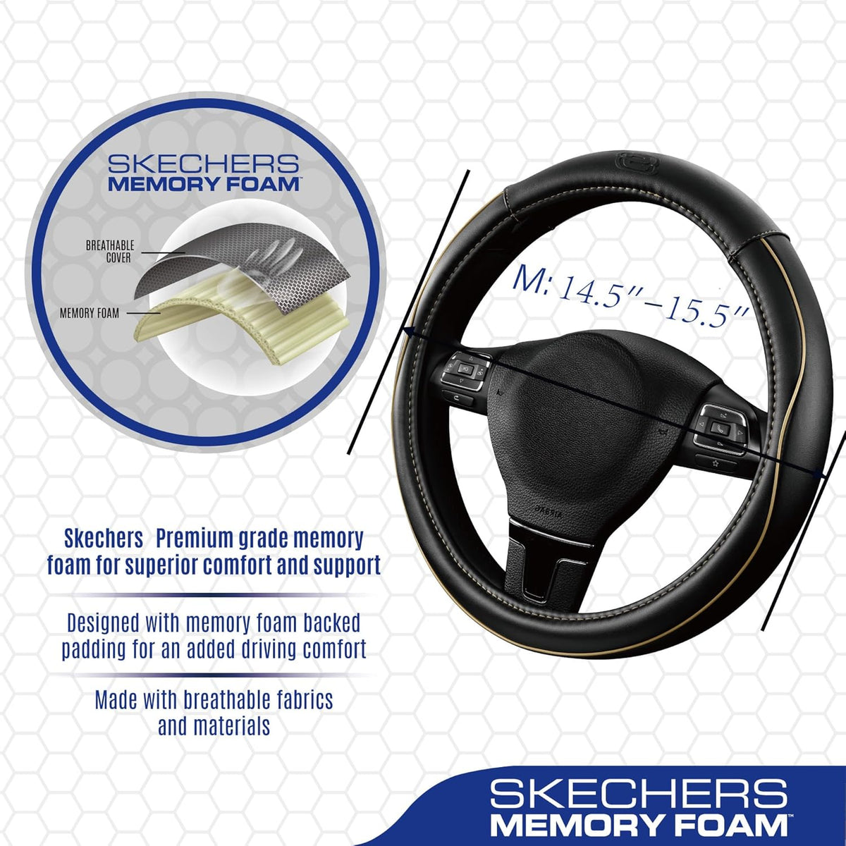 Skechers Memory Foam Steering Wheel Cover,Piping Microfiber Leather Steering Wheel Cover Sporty Universal Fit 14" 1/2-15" Car Wheel Protector for Men Women Fit Suvs,Vans,Sedans,Car,Trucks,Beige