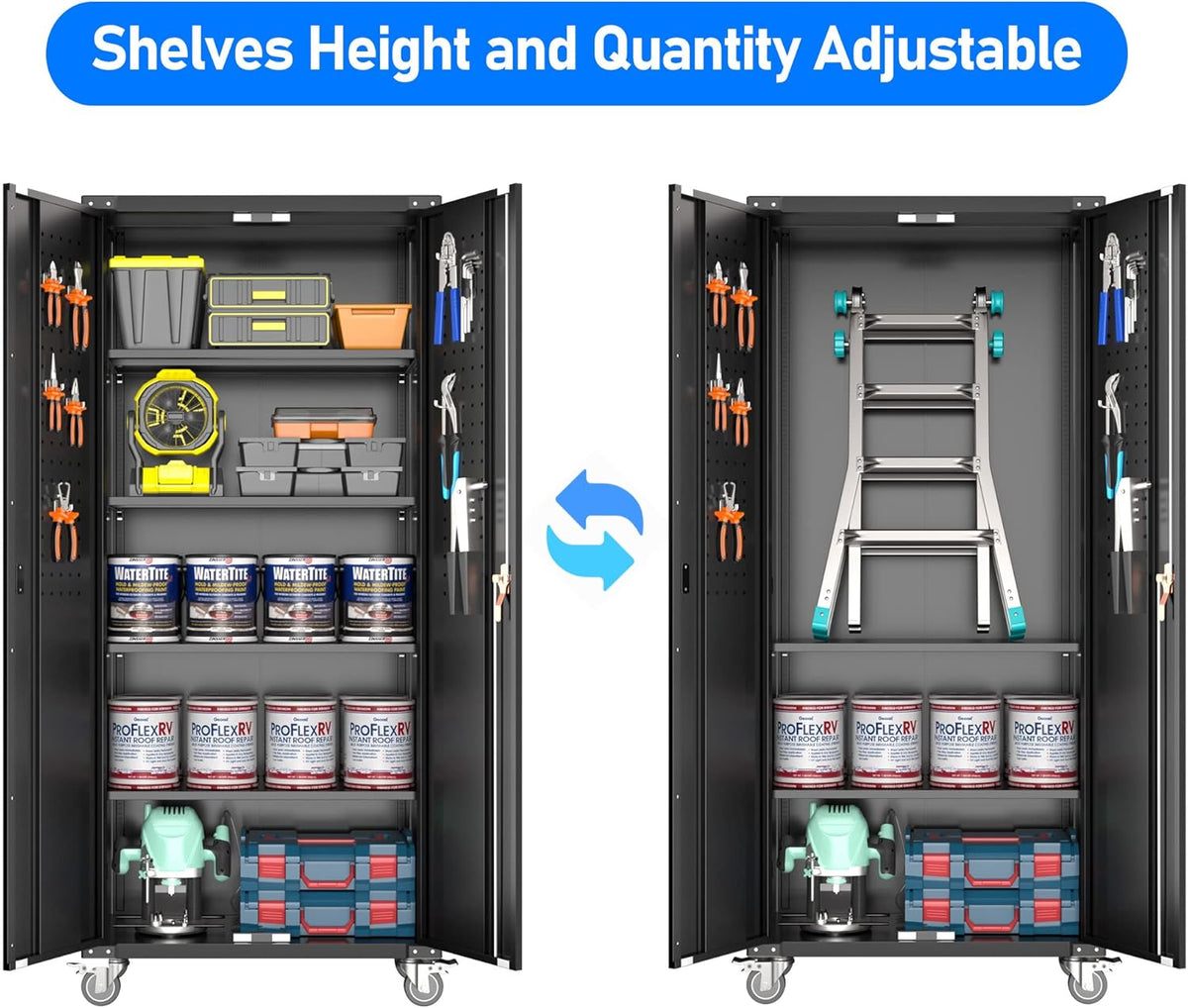72" Metal Storage Cabinet with Wheels and Pegboard, Lockable Rolling Steel Storage Cabinet with 4 Adjustable Shelves and Door for Garage, Office, Kitchen, Assembly Required