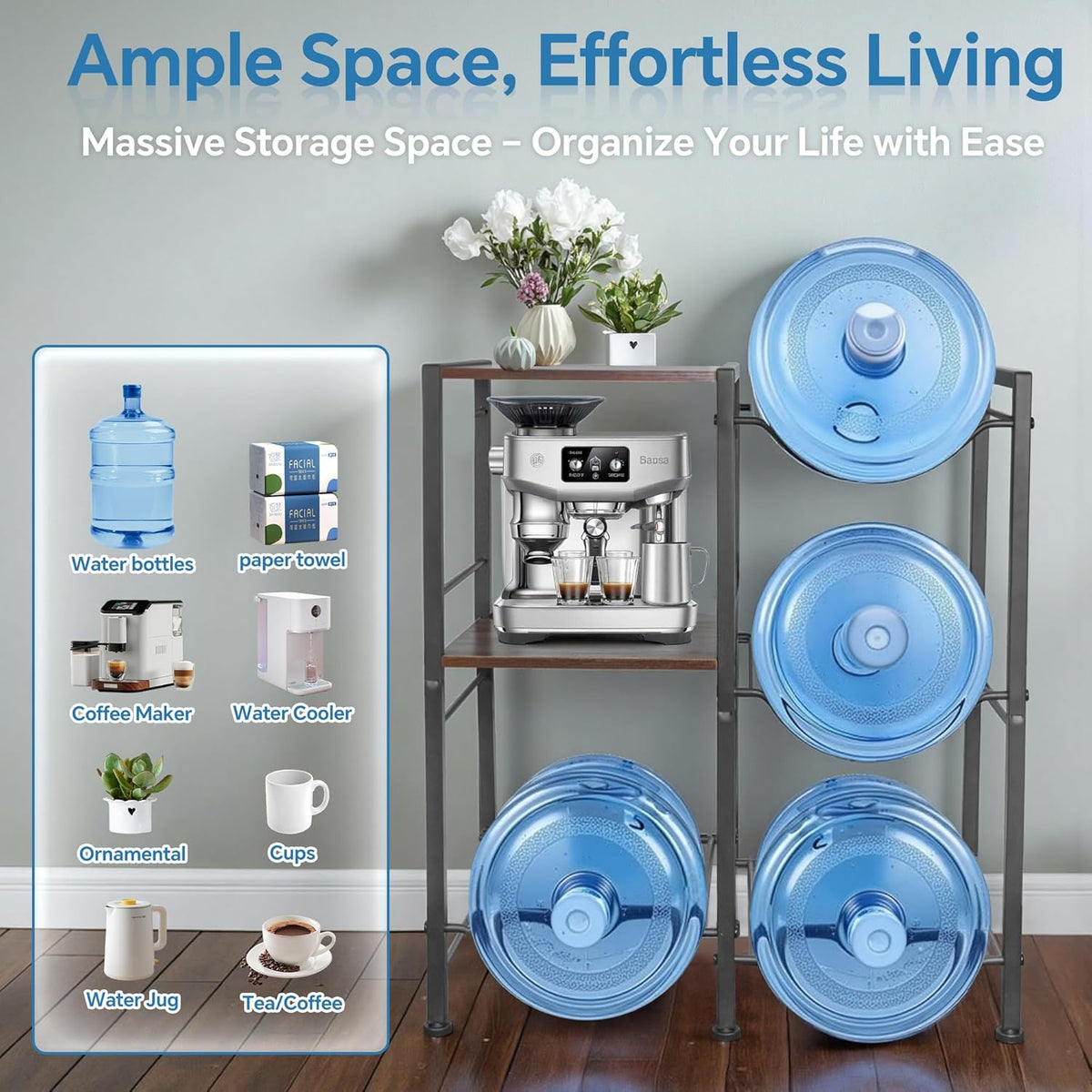 3-Tier 5 Gallon Water Bottle Holder, Heavy Duty Water Jug Rack with Wood Top Shelf, Water Dispenser Stand for Kitchen, Office, Garage