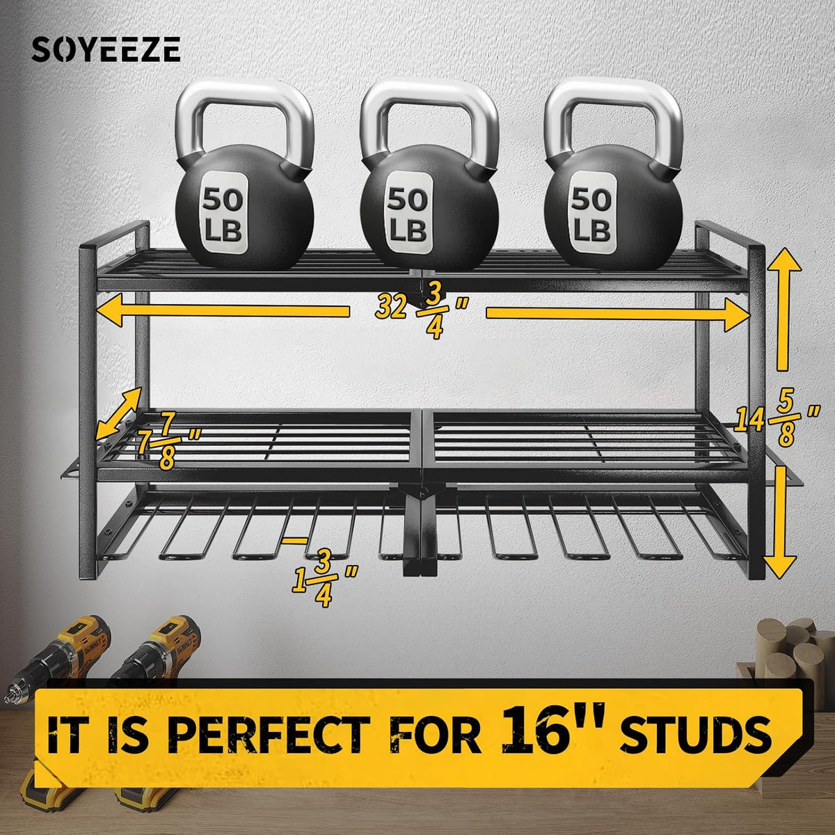 SOYEEZE Power Tool Organizer - 8 Drill & Screwdriver Wall Mount, 3 Layer Storage Rack with Hammer & Plier Holder