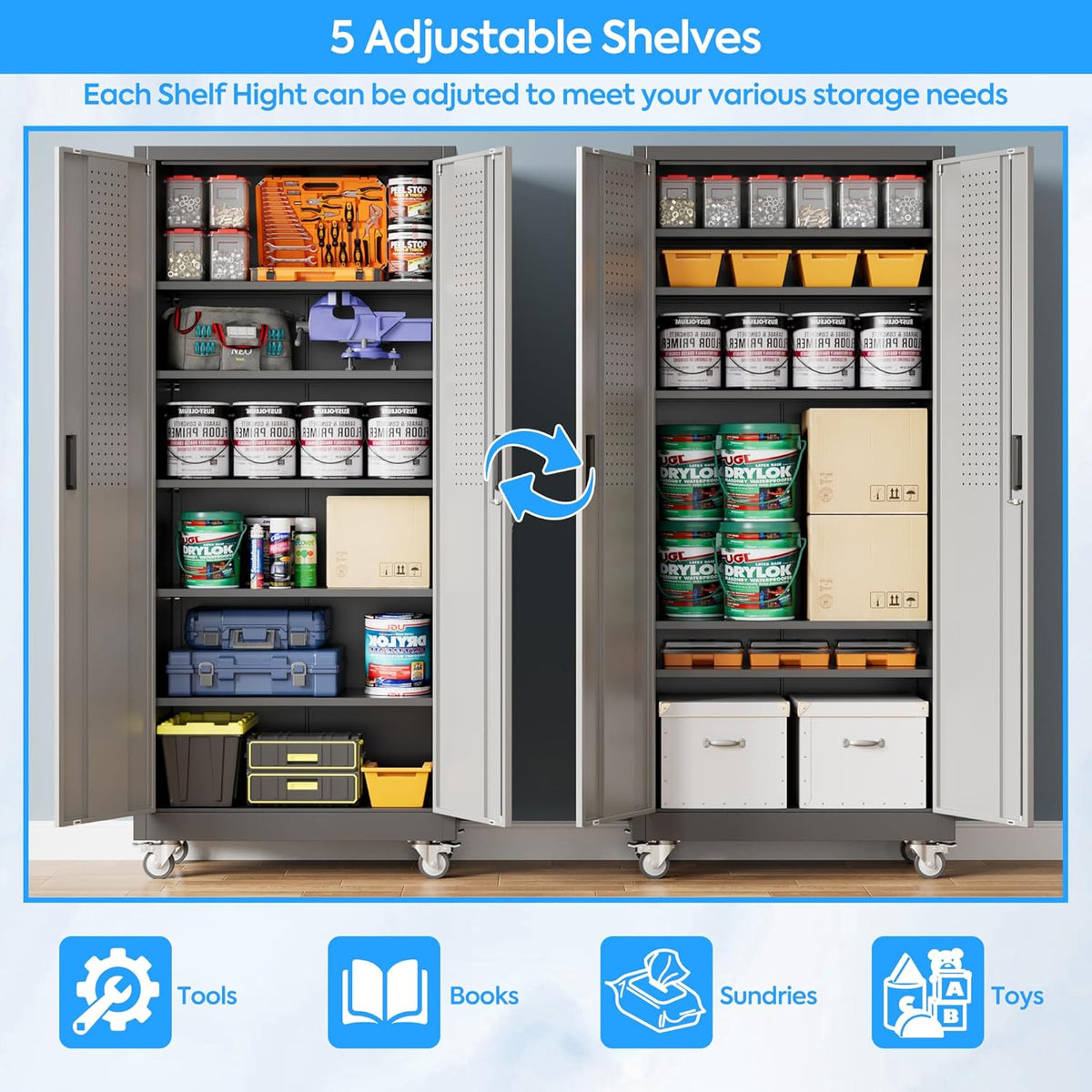 71" H×32" W×16" D Garage Storage Cabinet with Wheels & Pegboard, Locking Metal Storage Cabinet with Doors and 5 Adjustable Shelves & & 4 Hooks for Garage Warehouse Home Office, Black and Gray