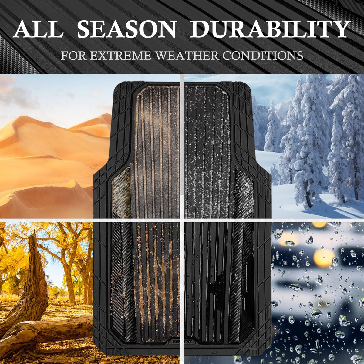 CAR PASS Heavy Duty Rubber Car Mats Metallic,Aluminum Film All Weather Floor Mats Waterproof Universal Trim to Fit SUVs Sedans Vans 4 Piece Anodized Deep Dish Two-Tone Sporty Carbon Fiber Black Chrome