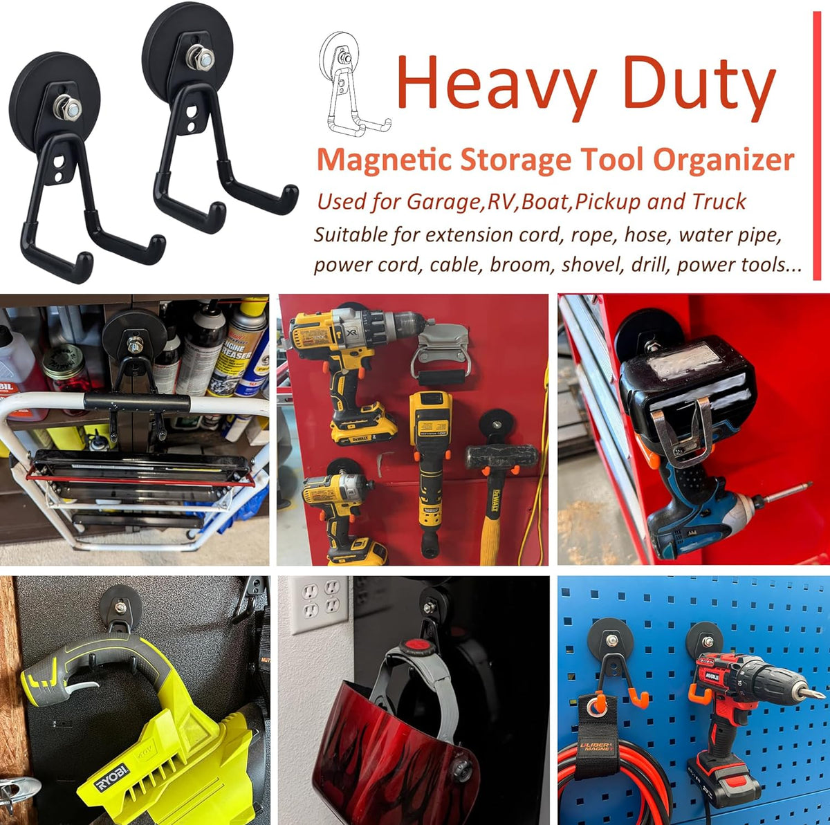 ULIBERMAGNET Heavy Duty Magnetic Garage Hook,6 Pack Strong Large Magnet Hooks for Power Drill,Garden Tools,Hose,Pegboard,Garage, Workshop,Magnetic Storage Hooks for Indoor Outdoor Hanging(Black)