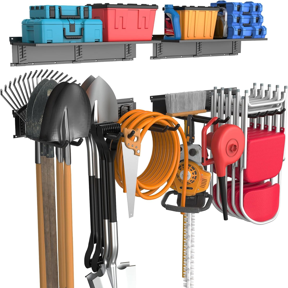 WALMANN Wall Mounted Garden Tool Rack with Shelves for Garage, Heavy Duty Folding Chair Hangers, 11-Inch Tool Storage Hooks for Shovels, Rakes, Ladders