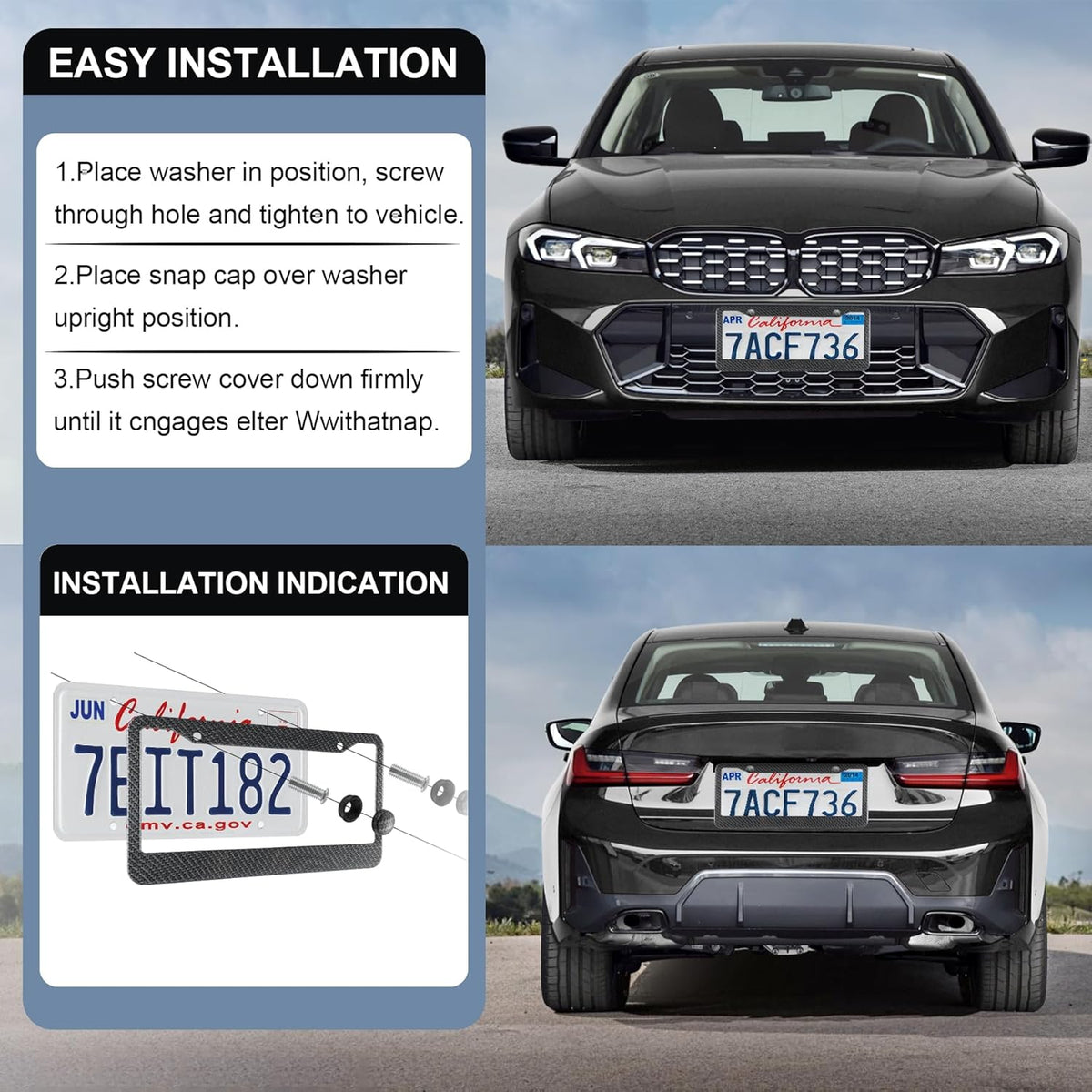 LivTee Carbon Fiber License Plate Frames, 2PCS Car License Plate Holder, 2 Holes Stainless Steel License Plate Covers, Automotive Exterior Accessories, Slim Design with Gasket Cover for US Cars