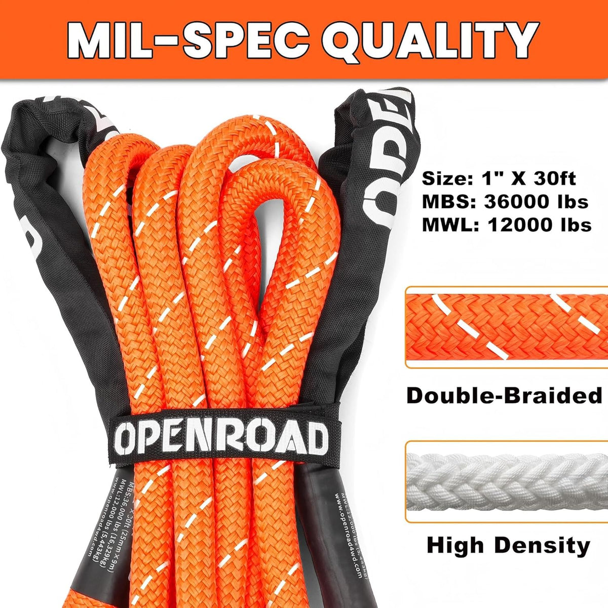 OPENROAD Kinetic Recovery Tow Rope, 36000 Lbs (1in x 30ft Orange with Soft Shackle) Extreme Duty 35% Elasticity Energy Offroad Snatch Strap, Vehicle Recovery Kit for Jeep Car Truck ATV UTV SUV