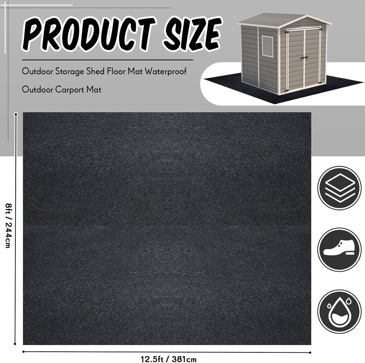 Haull Outdoor Storage Shed Floor Moat Waterproof Outdoor Carport Mat Thickened Soft Patio Furniture Pad Washable with Non Slip Backing, Storage Shed Not Included(8 x 12.5 ft)