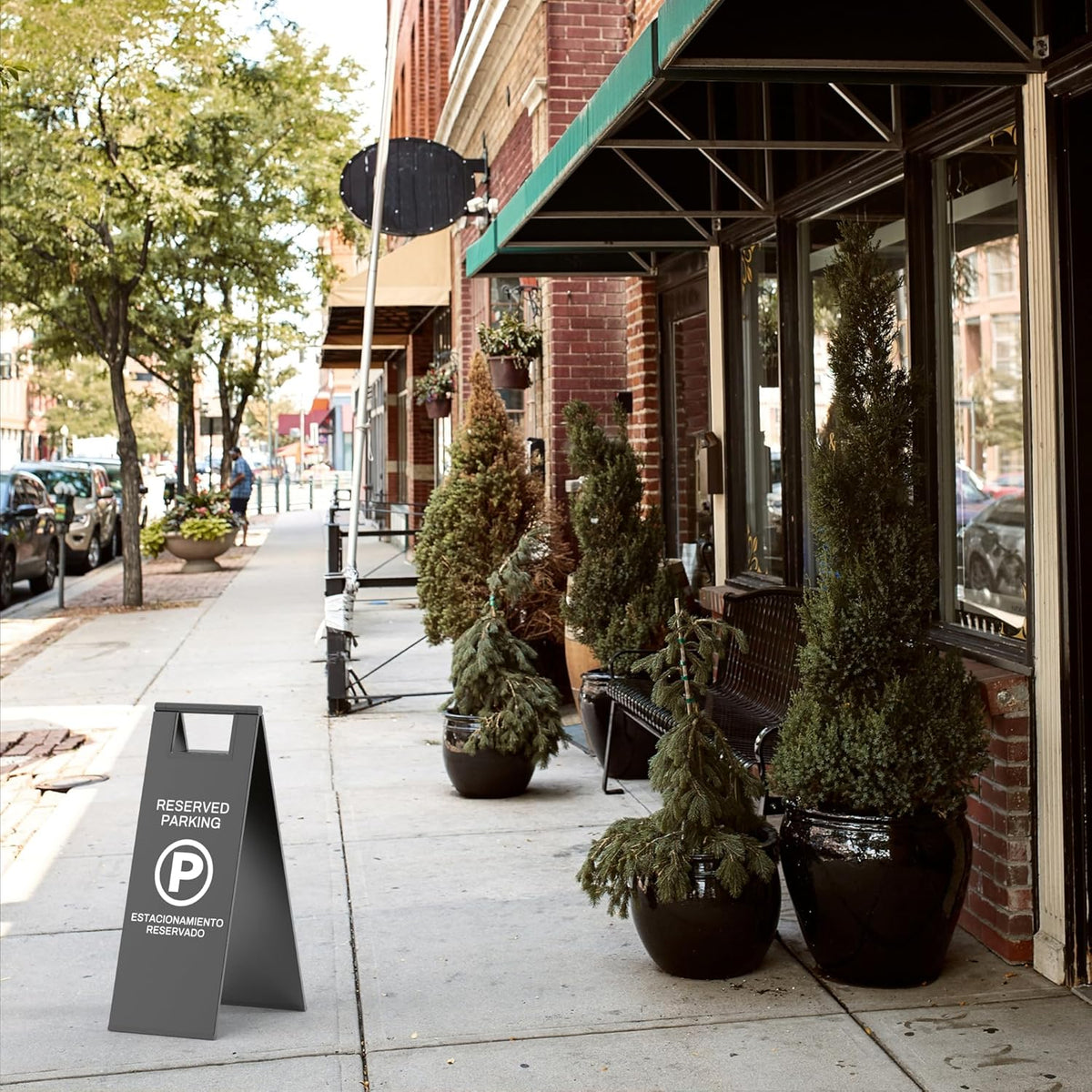 Reserved Parking Sign – Foldable Heavy Duty Plastic A-Frame with Bold “P” Symbol, Bilingual English & Spanish – 24" Tall Reserved Spot Marker for Storefront, Driveway, Garage – Black
