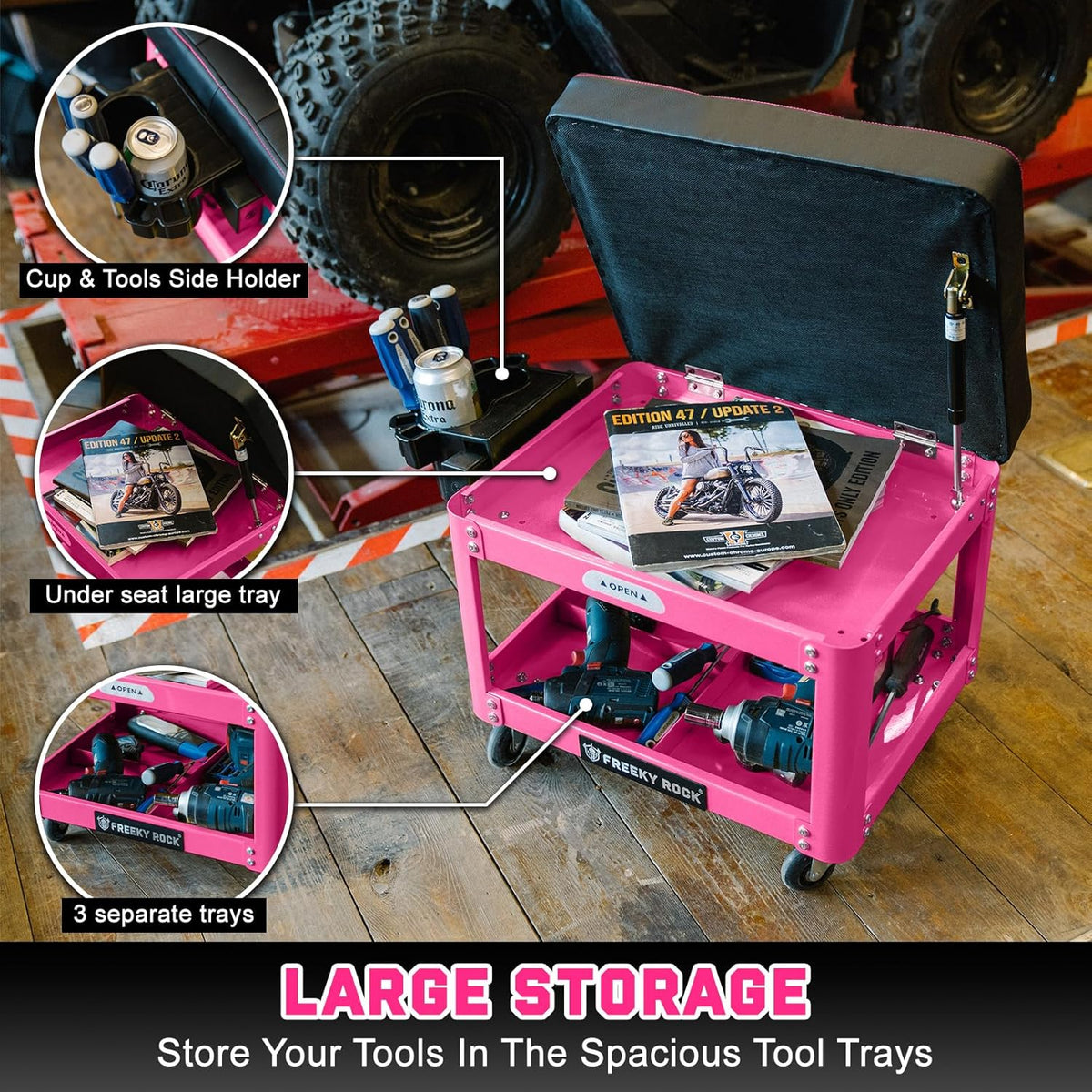 Rolling Mechanic Shop Stool with Wheels, Garage Mechanics Stool with 2 Layer Repair Tools Tray, Padded 360° Swivel Automotive Roller Creeper Seat Shop Chair, Heavy Duty, 330 LBS Capacity, Pink