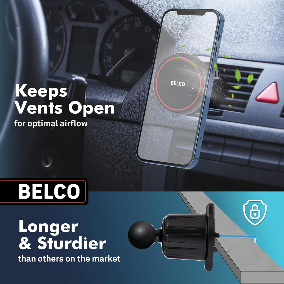 Belco Magnetic Phone Holder for Car – Adhesive Car Phone Mount with 360-degree Rotation for Dashboard and Air Vent – Compatible with iPhone and Android