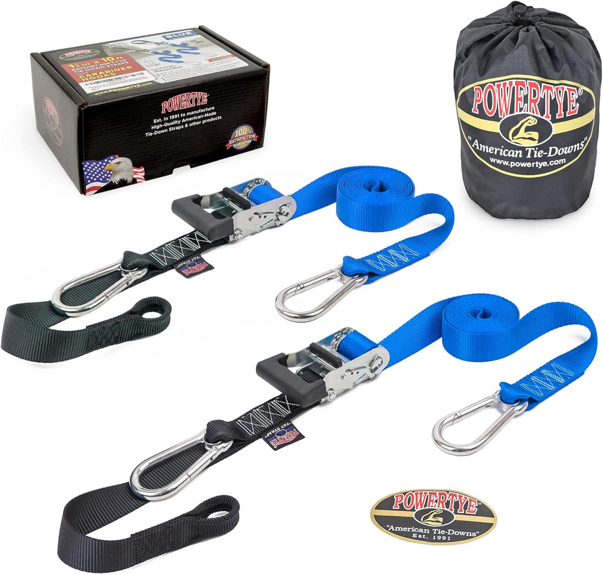 PowerTye - Made in USA - Extra Long Ratchet Tie Down Straps, Heavy Duty with Carabiner Hooks, Soft-Tye & Bag, for Motorcycle, ATV & Cargo, 1,000 lb WLL, 1.5 inch x 10ft Long, Blue/Black (Pair)