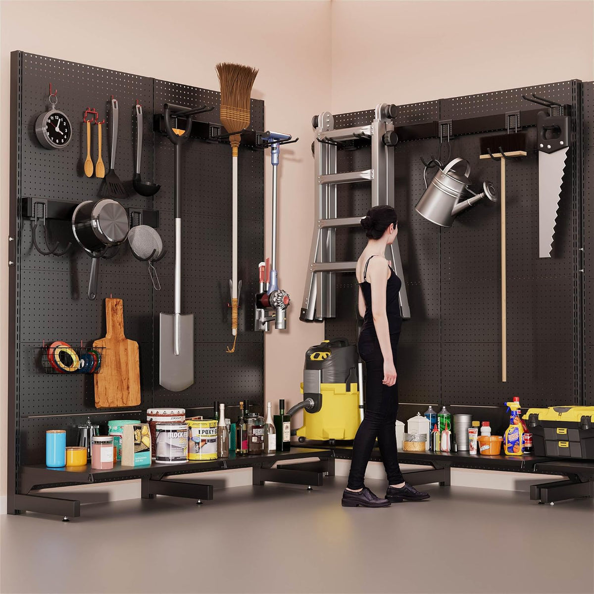 JWX Garage Pegboard Tool Organizer Free Standing, Organizer Storage Rack with 21 Pegboard Storage Set Max 300 lbs Super Heavy Duty Garden Tool Hanger Rack for Ski Gears, Broom, Shovel Yard Tools