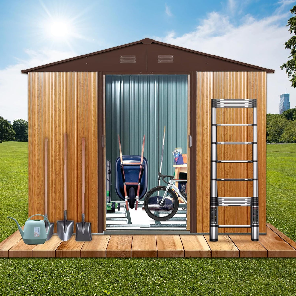 8x6 FT Outdoor Storage Shed,Metal Shed with Floor,Garden Shed W/ 4 Air Vents & Lockable Sliding Door,All Weather Waterproof Tool House W/Sloped Roof,for Backyard,Patio,Lawn,Coffee