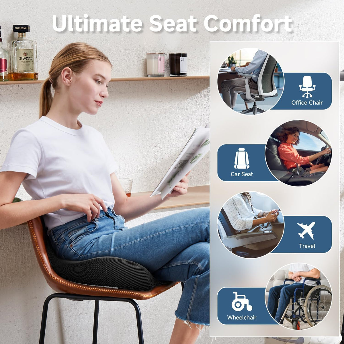 Benazcap X Large Gel Seat Cushion for Office Chair Ergonomic Cushions-Gel & Memory Foam Coccyx Butt Pillow for Sciatica & Back Pain Relief for Long Sitting for Gaming Chair and Car Seat-Black