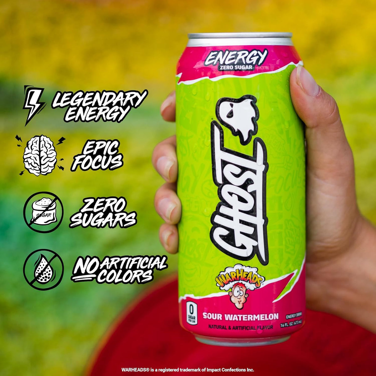 GHOST Energy Drink - 12-Pack, Warheads Sour Watermelon, 16oz - Energy & Focus & No Artificial Colors - 200mg of Natural Caffeine, L-Carnitine & Taurine - Gluten-Free & Vegan