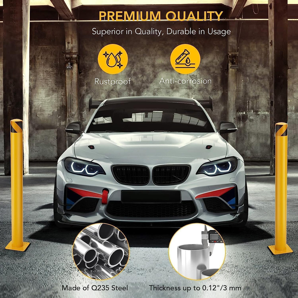 4 Pcs Safety Bollard,42 Inch High Heavy-Duty Yellow Safety Bollard Steel Posts,4.5 Inch Diameter,Safety Bollard with 16 Anchor Bolts - Ideal for Traffic Control, Driveway Barriers,Parking Poles