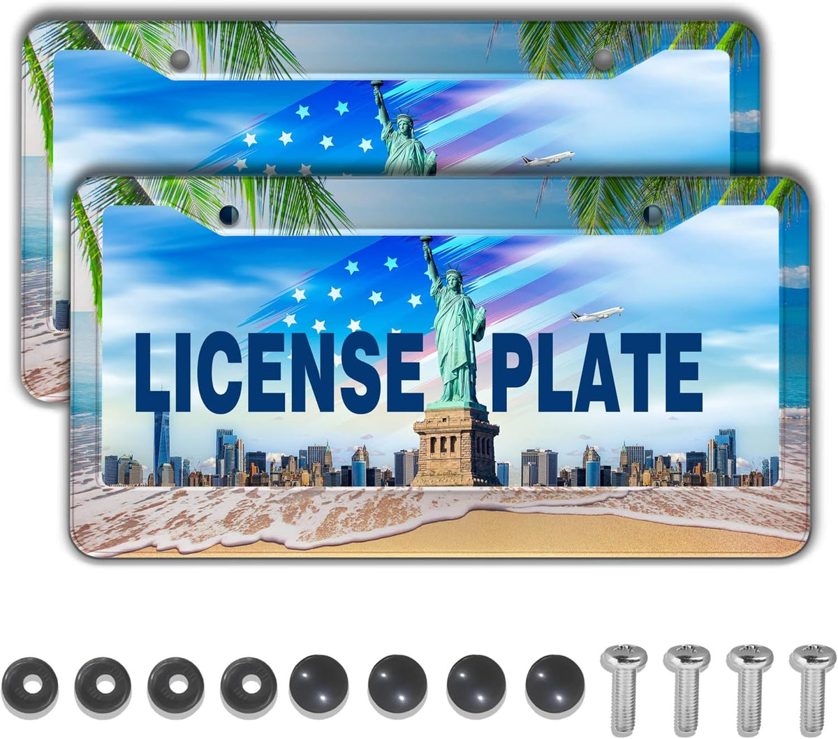 License Plate Frame Multicolor License Plate Holder Palm Trees with Tropical Ocean Beach Scene Aluminum Metal Car Accessory 2 Pack with Screw Covers Set