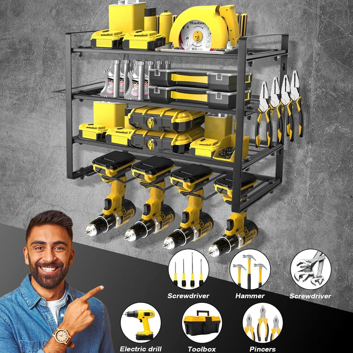 4 Layers Power Tool Organizer Wall Mount, Garage Wall Shelving, 4 Drill Holder Wall Mount, Cordless Tool Organizer, Garage Storage Rack with 4 Extension Cord Holder