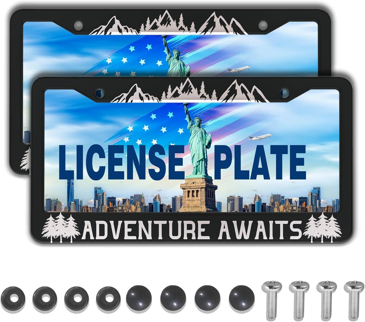 License Plate Frames Black and White License Plate Frame Adventure Awaits Universal Aluminum Car Accessory 2 Pack with Screw Covers Set