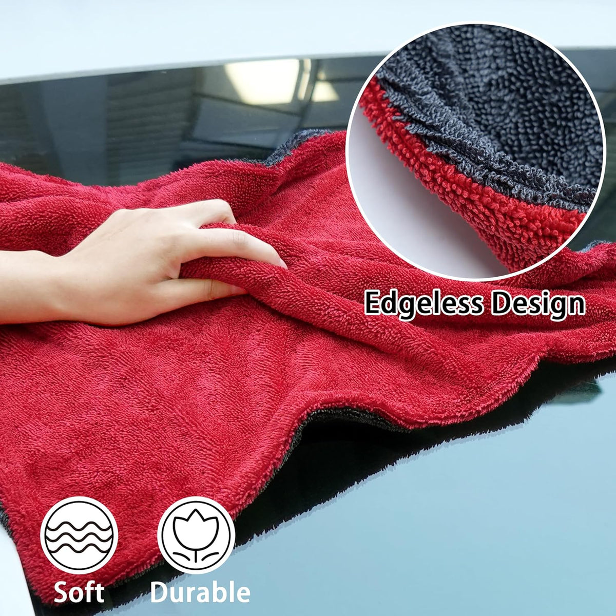 LIVOS 2 Pack Car Drying Towel, Premium Microfiber Towels for Cars, 1000GSM, Edgeless Twisted Loop Design, No Streaks, Scratches, or Water Spot, Absorbent Wash Towel, 18" x 24" (Red&Grey)