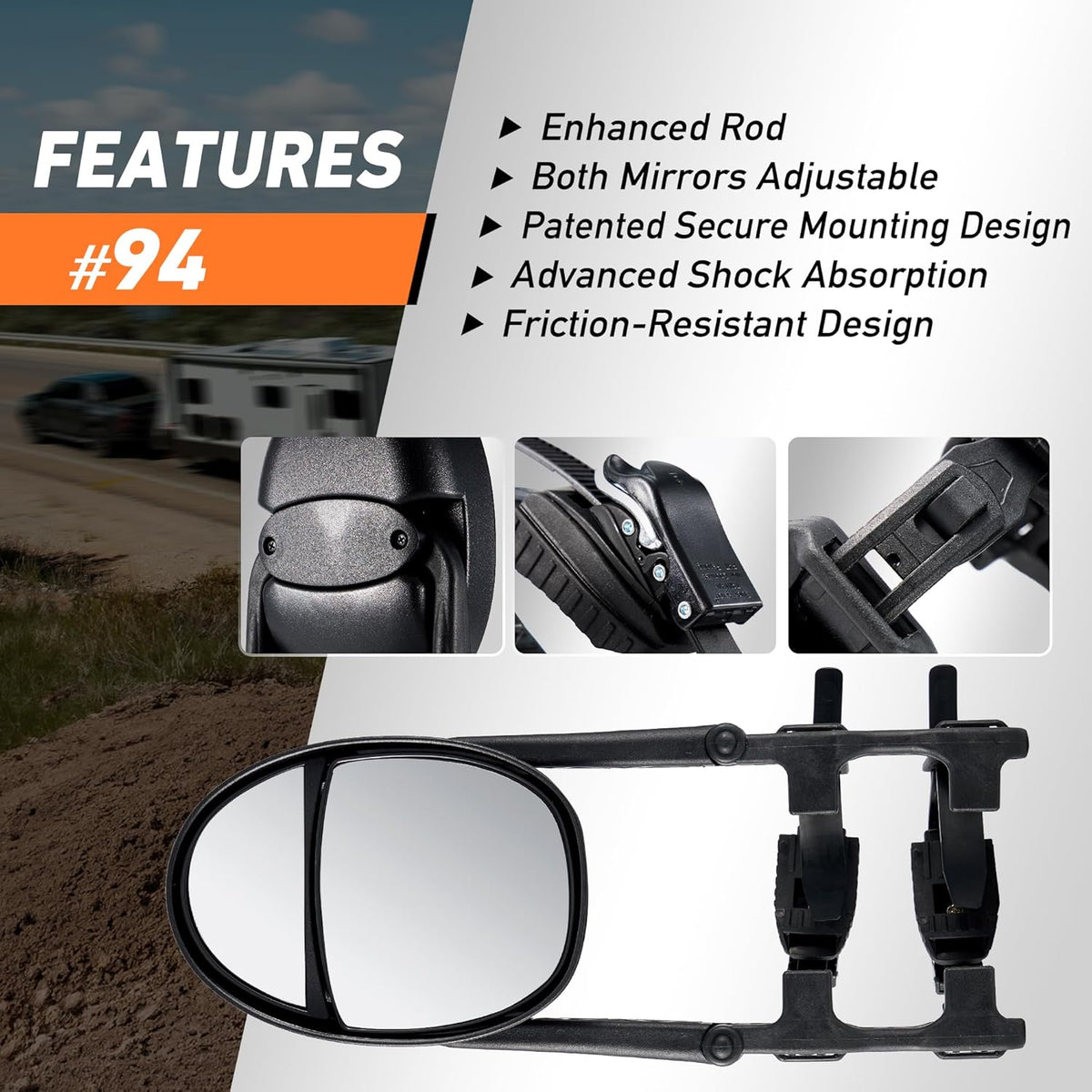 Extended Towing Mirrors, Universal Clip-On Side Mirror Extensions for Pickups, RVs, and Trailers, Tow Mirrors with Extenders (Model MG94)