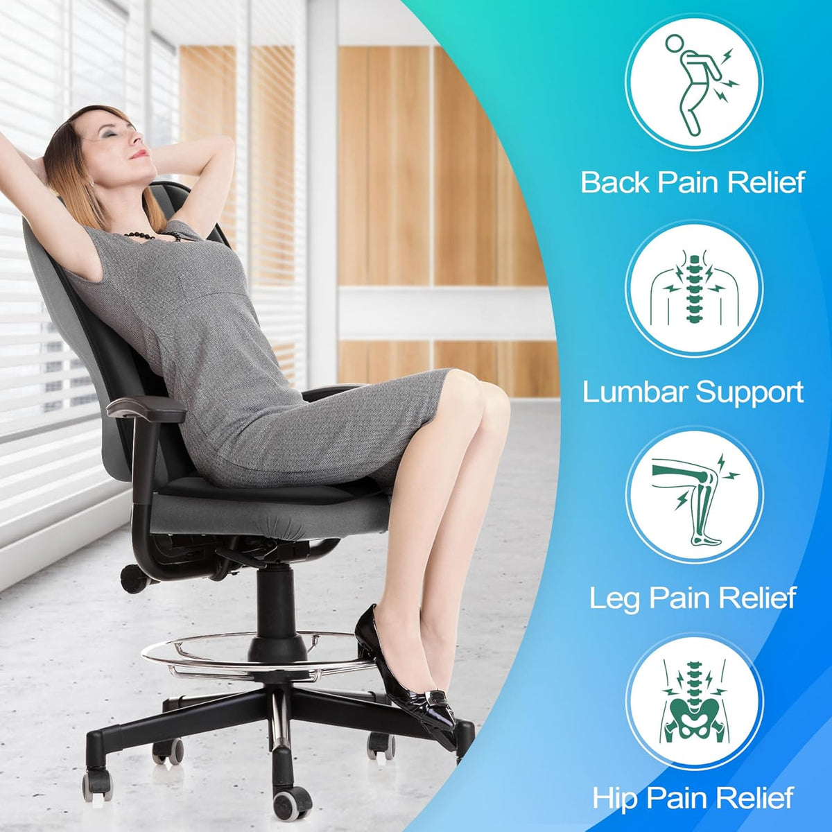 MYFAMIREA Car Seat Cushion and Back Support Pillow 1.2'' Thick Memory Foam Desk Chair Cushion Back Support for Automotive Seat Driver, Travel, Leg and Back Pain Relief, Washable, Adjustable, Black