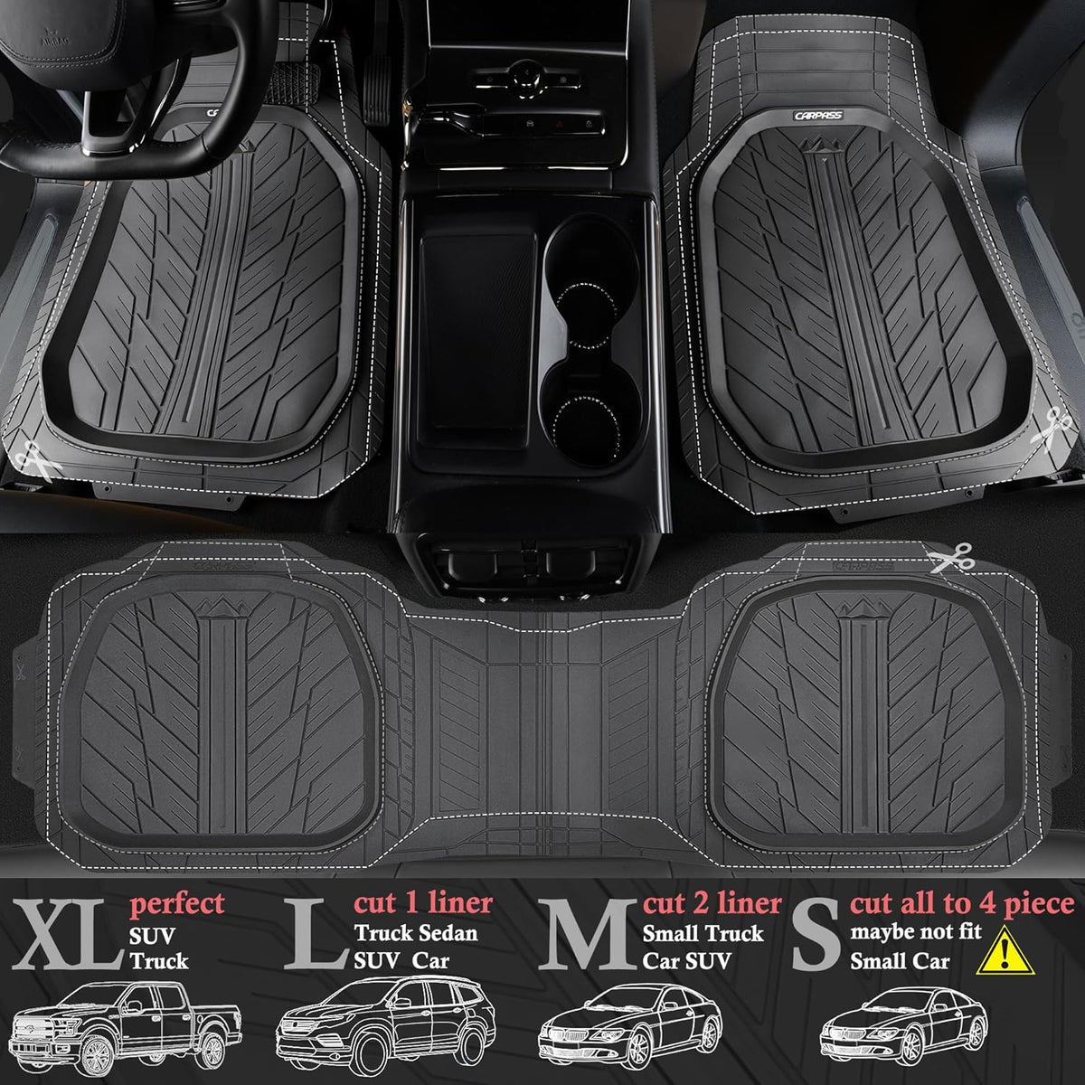 CAR PASS DeepDish Floor Mats for Cars Full Set,Heavy Duty Rubber Car Mats 3-Piece,Universal Waterproof Trim-to Fit Automotive Floor Mats for Truck Van SUV, Durable All-Weather Car Mats(Pure Gray)